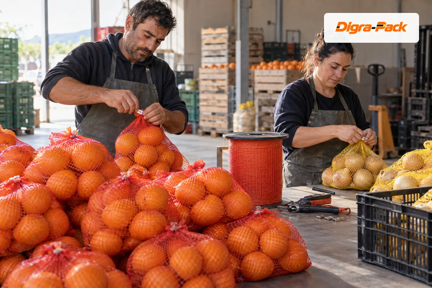 Sacos de malla con naranjas y cebollas para envasado agrícola